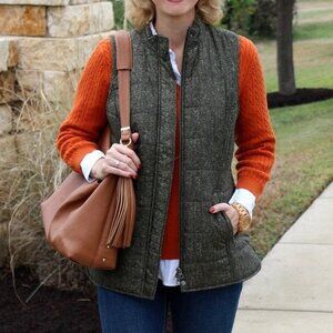 J. Jill  Full Zip Puffer Vest, Balsam Green Speckled Herringbone, Large